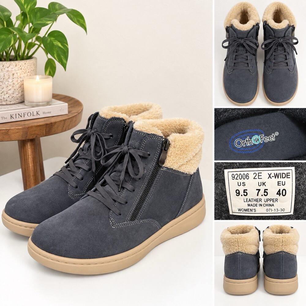 OrthoFeet Elin Women’s 9.5 X-Wide Blue Gray Leather Fur-Lined Ankle Boots